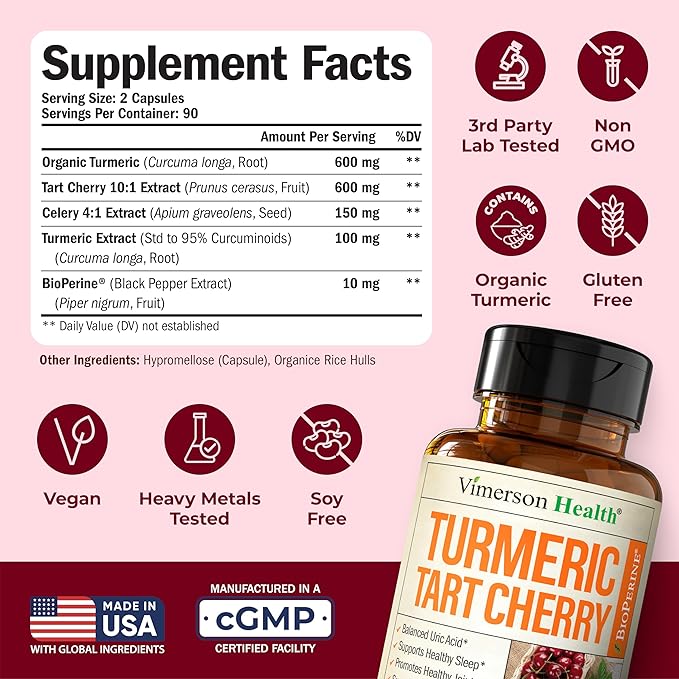 Tart Cherry Capsules – Turmeric Curcumin Supplement with Tart Cherry Extract & Celery Seed Extract – Turmeric Curcumin with Black Pepper for Uric Acid Balance, Joint Health & Sleep Aid - 180 Count