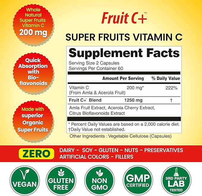Organic Veda Fruit C+ Vitamin C Complex - 1250mg Organic Whole Food Vitamin C Supplement with Citrus Bioflavonoids, Acerola & Amla - Daily Antioxidants, Immunity, Collagen Boost - 120 Vegan Capsules