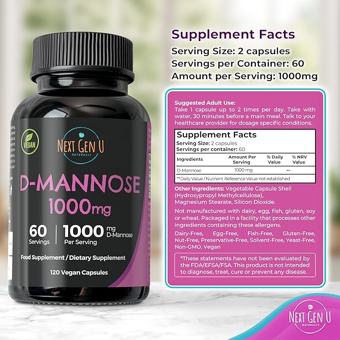 D-Mannose 1000 mg, 120 Vegan Caplets, Dietary Supplement, by NextGenU