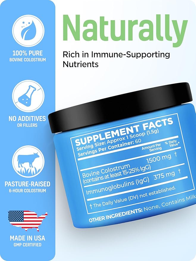 Bovine Colostrum Powder for Women &Men Source of IgG & IgA Grass-Fed, Pure Bovine Colostrum for Gut Health, Immune Support, Muscle Recovery & Wellness, Unflavored - 3.17 Oz - 60 Servings (Made in USA)
