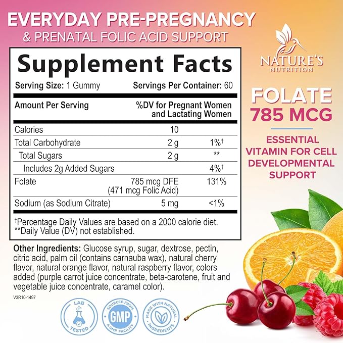 Folic Acid Gummies for Women - Folate 785 mcg Per Serving - Essential Prenatal Vitamins for Mom & Baby, Vegan Folic Supplement Gummy, Daily B9 Vitamin, Before During After Pregnancy - 60 Gummies
