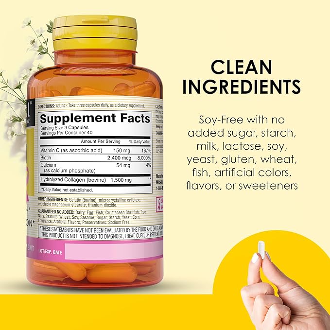 MASON NATURAL 1500mg Collagen with Vitamin C, Biotin, & Calcium, 40 Day Supply Capsules, Supplement for Hair, Skin, and Nails.