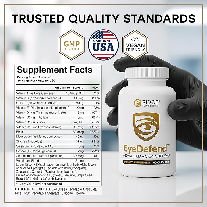 EyeDefend Vision Support Supplement – Supports Overall Vision - Lutein, Zeaxanthin, Bilberry, Vitamin A, C, E & Antioxidants – Blue Light Defense for Eye Health & Visual Function – 60 Capsules