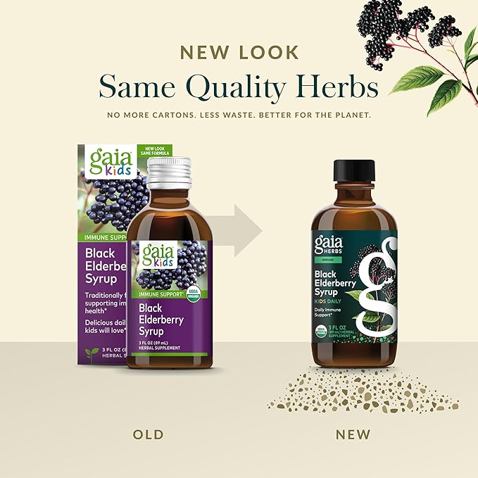 Gaia Herbs Black Elderberry Syrup Kids Daily - Delicious Immune Support Supplement for Kids* - Organic Black Elderberries & Honey - USDA Certified Organic Syrup - 3 Fl Oz (About 18 to 26 Servings)
