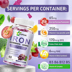 Iron Supplement for Women and Men, Grape Flavored Gummies 65mg and 250mg Vitamin C & Folate for Iron Deficiency and Anemia, Energy Support & Immune Health, 60 Count