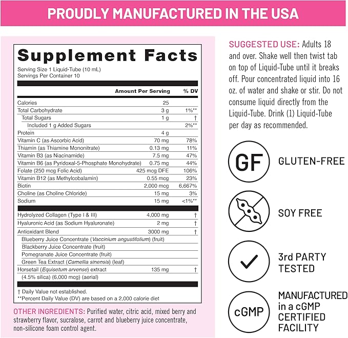 NatureWise Hydrolyzed Liquid Collagen for Women & Men 4000mg - High Absorption, Type 1 & 3 Peptides with Biotin + Vitamin C + Vitamin B Complex & Hyaluronic Acid -Mixed Berry - 10 Tubes[10 Day Supply]