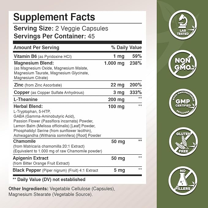 Gade Nutrition Magnesium Glycinate & Magneisum Supplements with Apigenin, L Theanine 200 mg, 5 HTP, GABA Calm Brain Booster Supplement Sleep Aid Ashwagandha L Tryptophan Chamomile