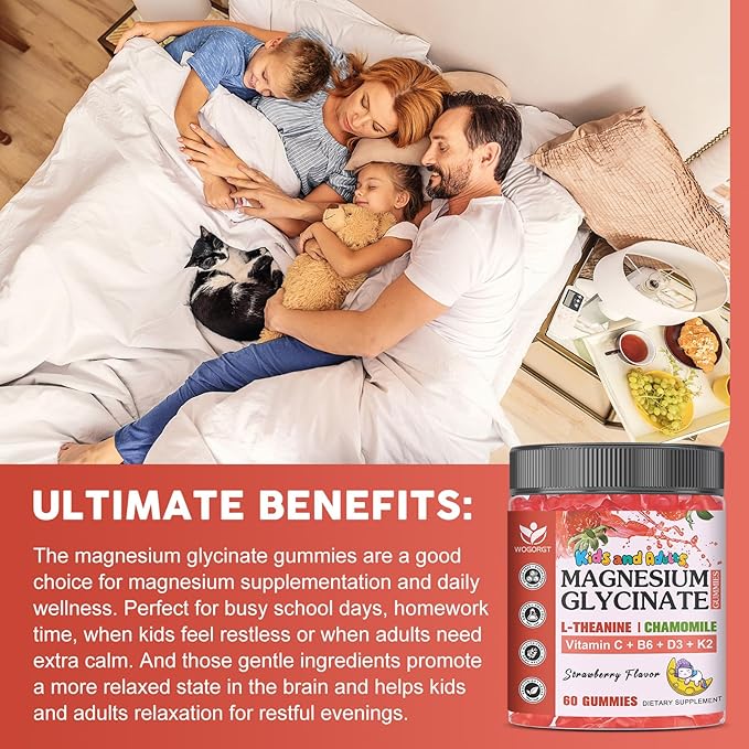 Magnesium Glycinate Gummies for Kids & Adults - Relaxation & Cognition Support - 400/200mg Magnesium Supplement with L-Theanine, Chamomile, B6, D3 & K2 - Vegan, Sugar Free, Strawberry Flavor, 60 Ct