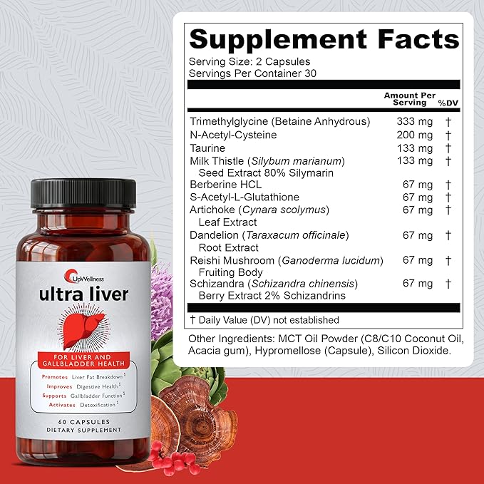 UpWellness Ultra Liver Supplement for Liver Support and Gallbladder Support - Powered by TMG, NAC Milk Thistle, and More - Liver Cleanse Detox & Repair - 60 Capsules