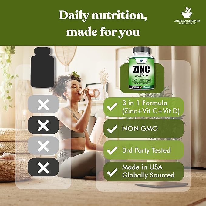 American Standard Supplements Zinc 100mg, Vitamin C 1000mg, and Vitamin D3 5000 IU (125mcg) Per Serving - Gluten Free, Non-GMO, 60 Capsules, 30 Servings