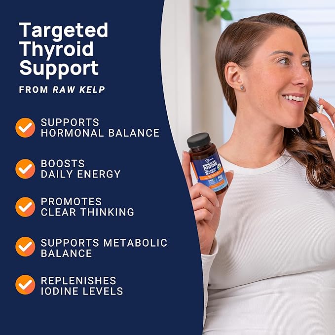 Iodine Supplement – 500 mcg Pure, Raw Form Whole Food Iodine, Potassium Iodide, Icelandic Sea Kelp & Trace Minerals – Daily Thyroid Support for Energy, Metabolism, Vegan – 60 Capsules