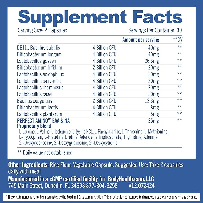 BodyHealth Probiotic Enhanced with PerfectAmino for Women and Men, Spore Based with Bifidobacterium, Lactobacillus Salivarius, Lactobacillus Acidophilus - 60 Capsules