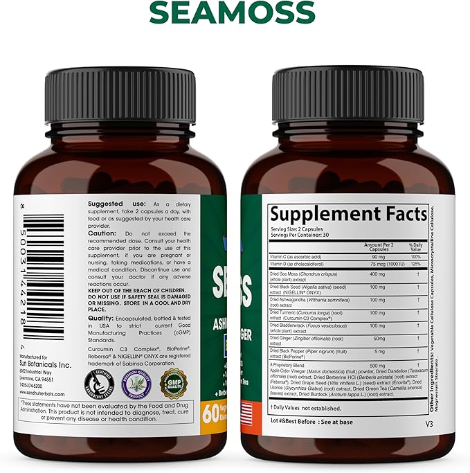 Shilajit Sea Moss Ashwagandha Combo Bundle - Black Seed Oil, Turmeric, Rhodiola Rosea, Panax, Ginseng Supplement | 120 Capsules, Better Than Gummies, Resin | Seamoss for Men & Women