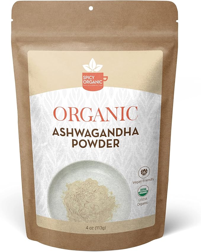 SPICY ORGANIC Organic Ashwagandha Root Powder – 4 oz. - Non-GMO, 100% Raw from India – Indian Ginseng (Withania Somnifera) – Natural Stress Support, Energy & Immune Health
