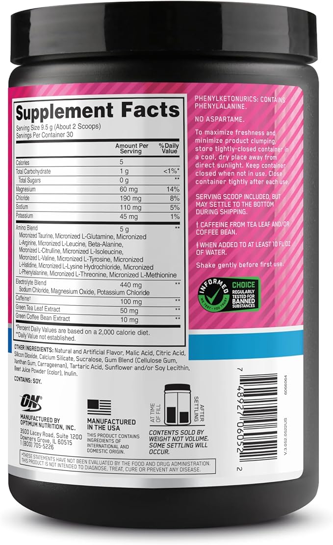 Optimum Nutrition Amino Energy Powder Plus Focus, with BCAA, Electrolytes, and Caffeine, Watermelon, 30 Servings (Packaging May Vary) (Pack of 6)