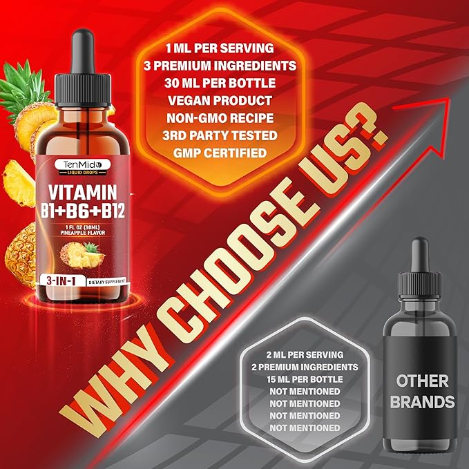 3-in-1 Vitamin B Complex Liquid Drops for Women & Men - with B1 Thiamine, B6 Pyridoxine, B12 Methylcobalamin - Alcohol-Free, Non-GMO - 30ml 1 Fl Oz
