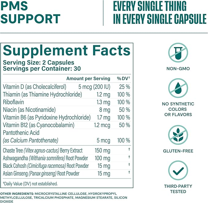 Habit PMS Support Supplement for Women (60 Capsules) - Supports Premenstrual Symptoms & Stress, Hormone Balance, Mood, B Vitamins, Vitamin D, Chasteberry, Ashwagandha, Gluten-Free, Non-GMO (1 Pack)