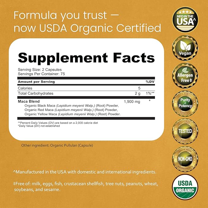 NaturaLife Labs Organic Maca Root – Black, Red & Yellow – 1900 mg per Serving – 150 Capsules – Gelatinized Peruvian Maca – Non-GMO, Gluten-Free, Vegan