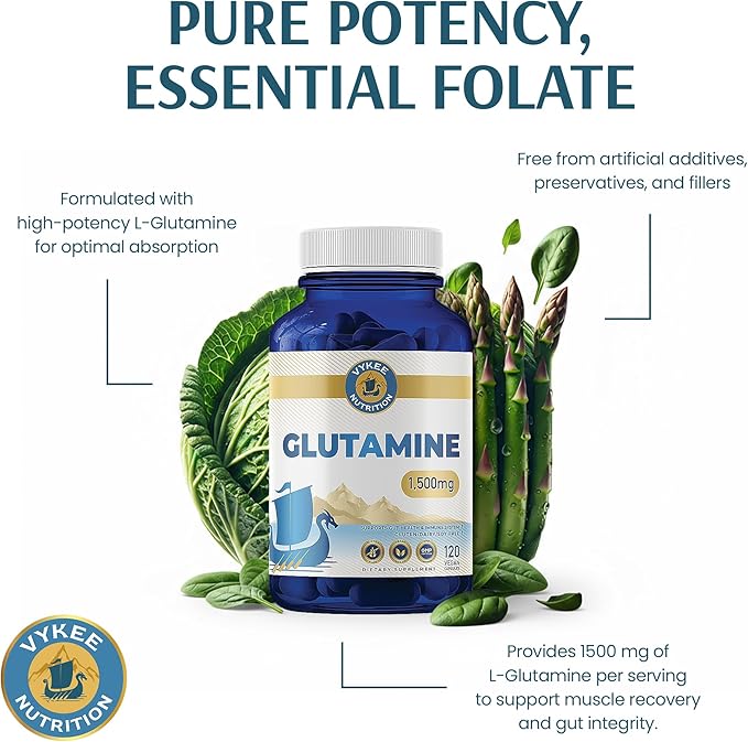 Vykee Nutrition L-Glutamine Capsules - Supplements for Muscle Recovery, Gut Health and Immune Support - Vegan, Non-GMO, Gluten-Free - 1500 mg, 120 Count
