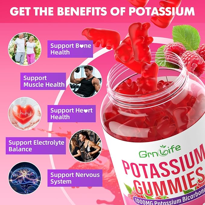 Potassium Gummies 1000mg, Potassium Bicarbonate Supplement for Adults & Kids, Support Electrolyte Balance & Muscle Heath, Sugar-Free, Raspberry Flavor, 60 Count