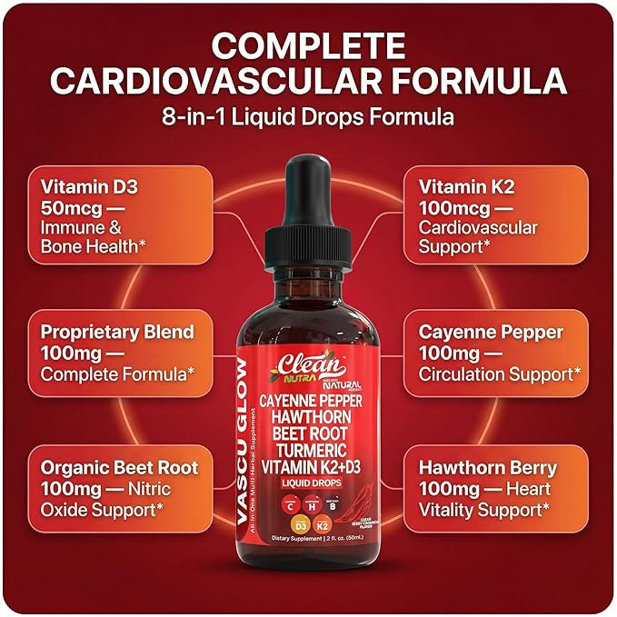 Clean Nutra Cayenne Pepper Drops Supplement Liquid + Hawthorn Berry, Vitamin D3 K2 Beet Root Powder, Ceylon Cinnamon, Turmeric Curcumin, Organic Panax Ginseng, Berberine Extract 1 Pack