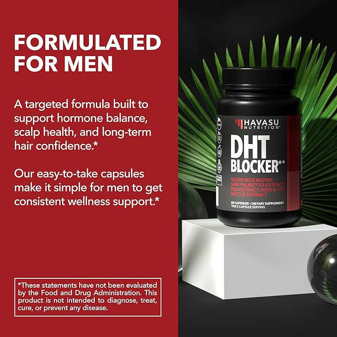 DHT Blocker for Men with Biotin 10000mcg Per Serving, Saw Palmetto Extract & MSM - Supports Normal Healthy Hair Growth - With Pea Extract & Stinging Nettle - Vegan, Non-GMO, Gluten Free - 30 Servings