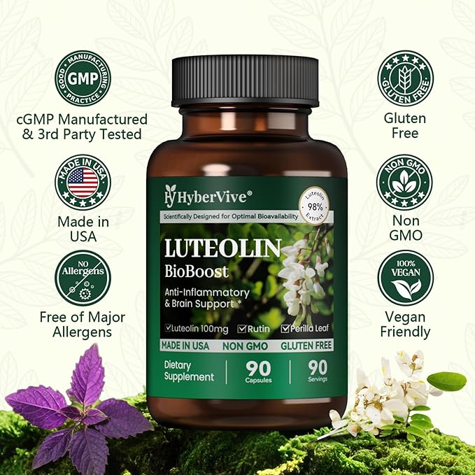 Luteolin Supplement, 98% Ultra-Purity Luteolin Extract – Plant-Based Flavonoid Supplement for Brain Health, Immune Support & Inflammatory Balance – Made in USA, 90 Vegan Capsules