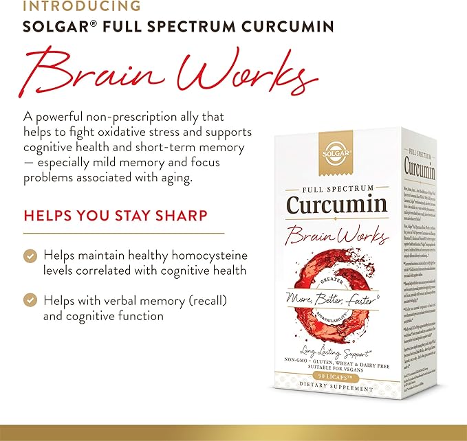 Solgar Full Spectrum Curcumin Brain Works, 90 Licaps - Support Memory Recall, Focus, Cognitive Function - Antioxidant Support - Curcumin, BacoMind, Choline, Vitamin B12 - Non-GMO, Vegan - 30 Servings