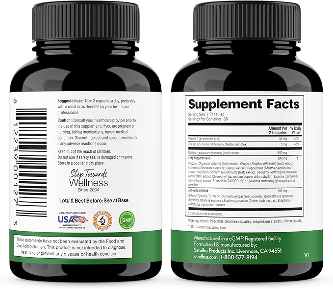 Sandhu's Mullein Capsules for Lungs with Quercetin | Mullein Leaf Extract Supplement for Immune, Lung & Respiratory Health Support | for Men & Women | 60 Count (Pack of 1)