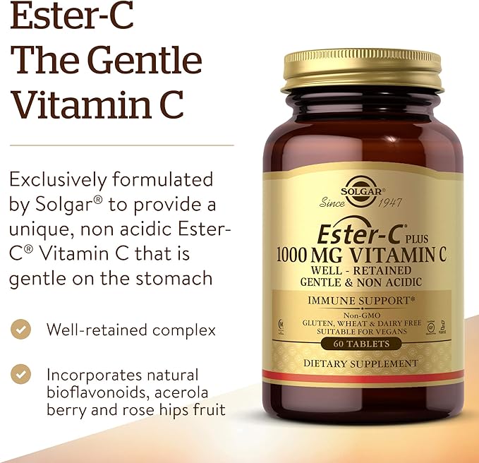 Solgar Ester-C Plus 1000 mg Vitamin C (Ascorbate Complex), 60 Tablets - Gentle On The Stomach & Non Acidic - Antioxidant & Immune System Support - Non GMO, Vegan, Gluten-Free, Kosher - 60 Servings