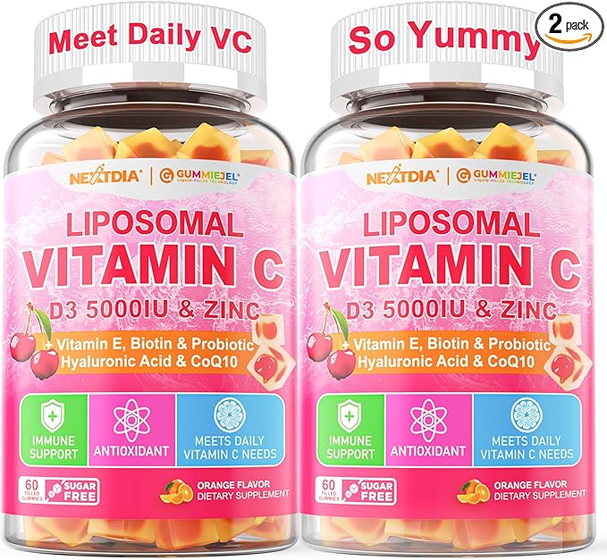 Liposomal Vitamin C 1000mg + D3 5000IU + Zinc Filled Gummies, Folate 800mcg Chewable Supplement, Elderberry for Immune, Hyaluronic Acid, VE, for Beauty, Energy & Overall Health, Sugar Free, ﻿2 Pack