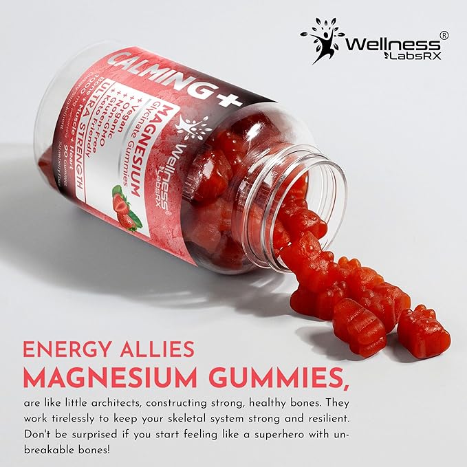 Magnesium Glycinate Gummies, 1000 mg - Magnesium Supplement to Support Relaxation, Heart Health - Chewable Calm Magnesio Gummies for Adults, Glicinato De Magnesio - Strawberry Flavor - Pack of 3