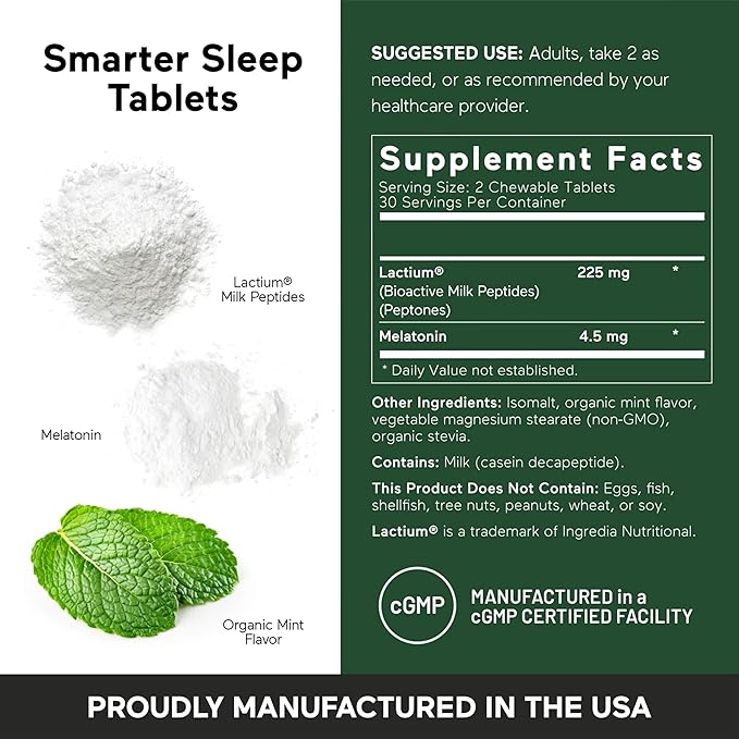 SMARTERNUTRITION Smarter Sleep Melatonin Dissolvable Tablets 4.5mg + Natural Clinically Proven Lactium® for Sleep & Stress Support - Mint Flavor Melatonin Tablets - Non-GMO-180 Count[90-Day Supply]