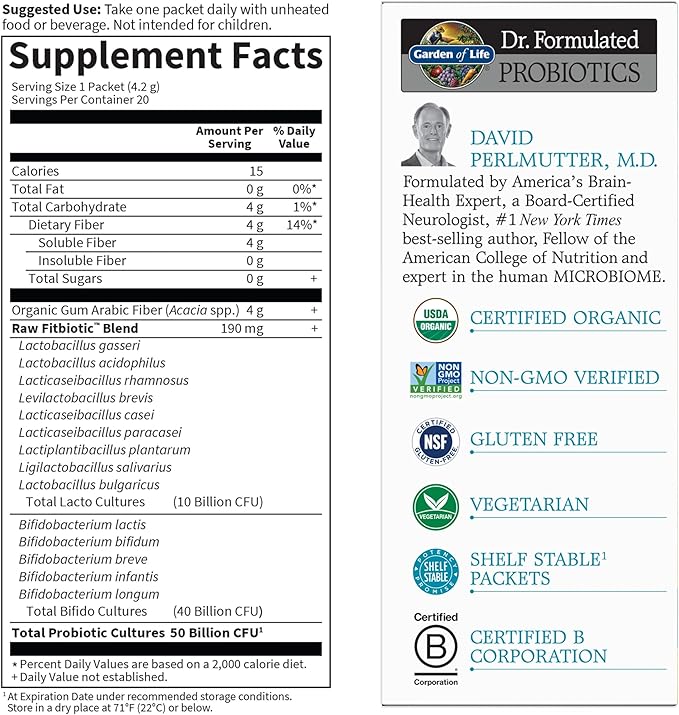 Garden of Life Dr. Formulated Probiotics Fitbiotic Weight Management Powder,50 Billion CFU & Prebiotic Fiber,Organic & Non-GMO Digestive Gut Health Probiotic Supplement,20 Serving Packets,(Pack of 2)