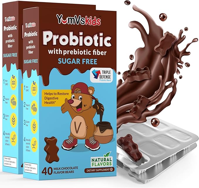 YumVs Probiotics for Kids with Prebiotic Fiber Sugar Free Chocolate Chewable Supplements - Dietary Supplement Chewables for Digestive Health - Toddlers, Kids & Teens 60 Count
