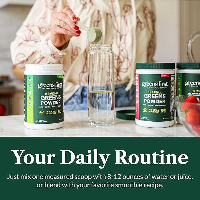 Greens First Original Greens Powder - 49 Superfoods - Organic Fruits & Veggies - Prebiotics, Probiotics & Digestive Enzymes - Antioxidant Smoothie - Dairy Free/Vegan/Non-GMO (Peach Mango, 30 Servings)