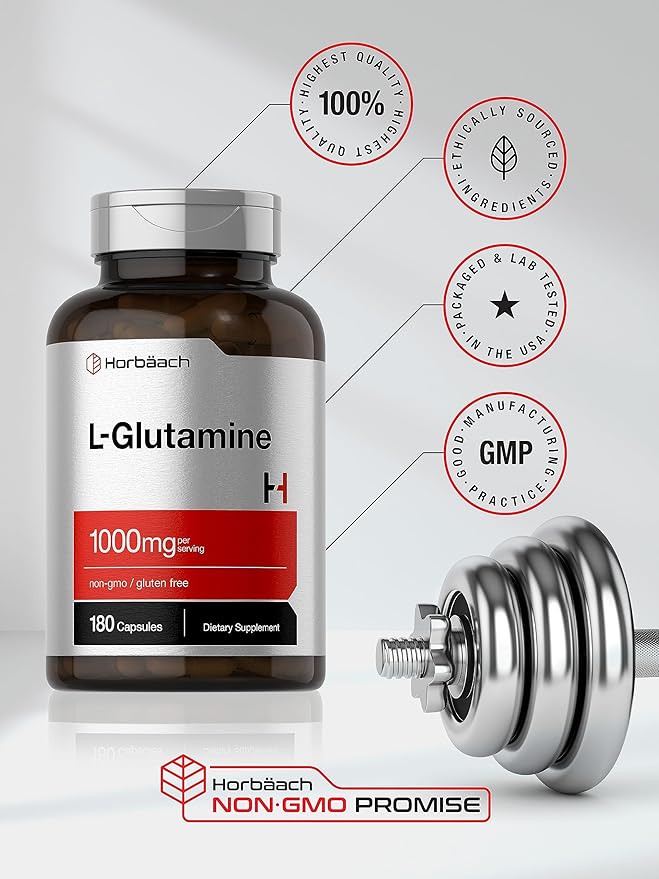 Horbaach L Glutamine Capsules 1000mg | 180 Powder Pills | Supplement for Women and Men | Pre Workout & Post Workout | Non-GMO & Gluten Free