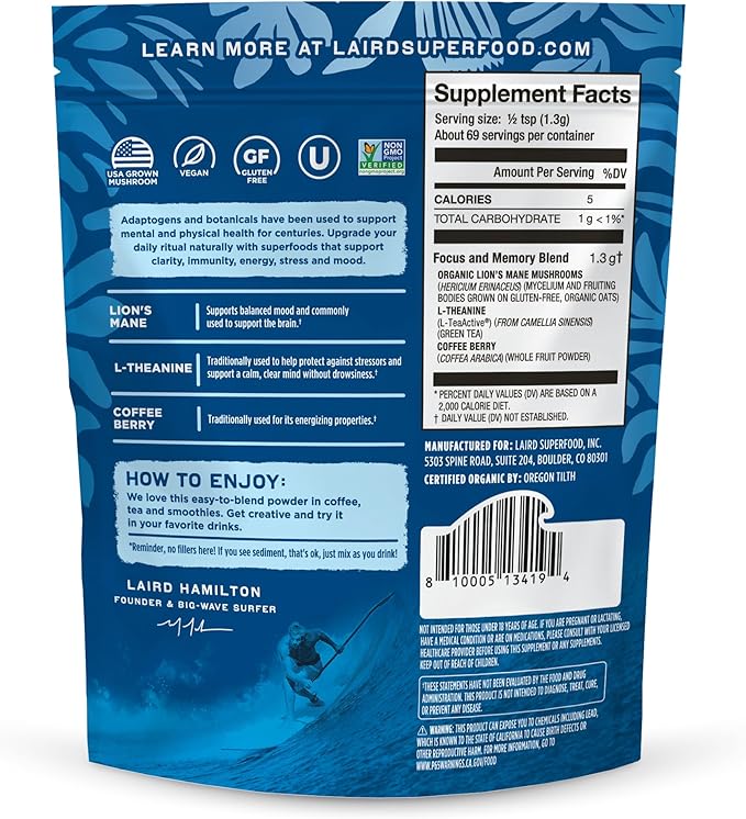 Laird Superfood Organic Focus and Memory Mushroom Blend with Lion’s Mane, L-Theanine, and Coffee Berry, 3.17 oz. Bag, Pack of 1