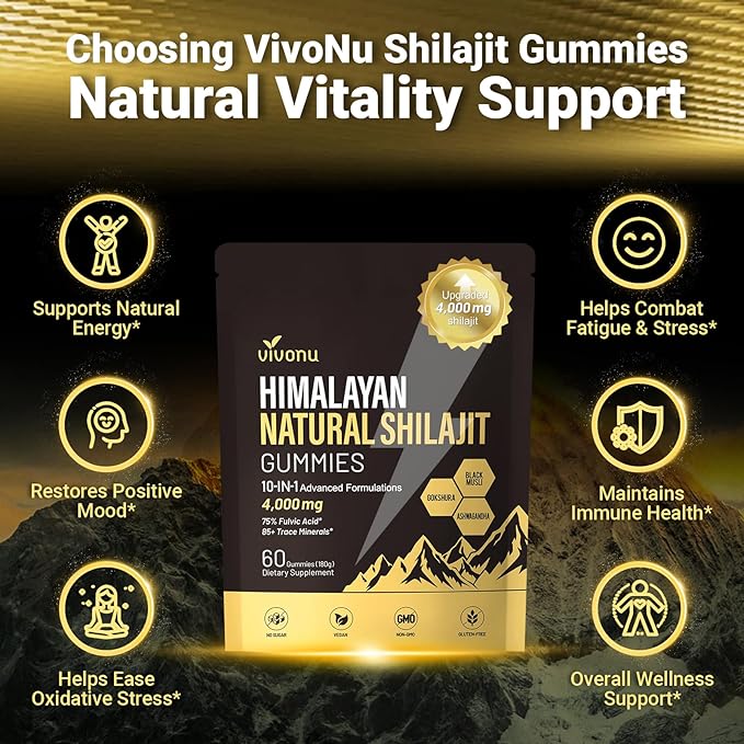 VivoNu Himalayan* Shilajit* Gummies with Ashwagandha* & Gokshura | 85+ Trace Minerals & Fulvic Acid | Organic, Micronutrient Supplement for Men & Women (Men 4000mg / 1 Bag)