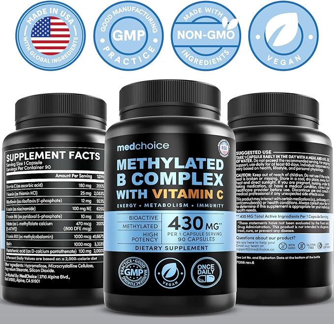 9-in-1 Vitamin B Complex - Methylated Multivitamin with B12 Methylcobalamin, Methylfolate, L-5-MTHF & Vitamin C - Methylated B Complex for Women & Men - Non-GMO, Gluten-Free (90 Servings) (1-Pack)