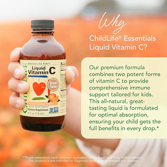 CHILDLIFE ESSENTIALS Liquid Vitamin C - Pure Vitamin C Liquid Supplement for Kids, Immune System Support, Natural Orange Flavor, 4 Fl Oz (Pack of 2)