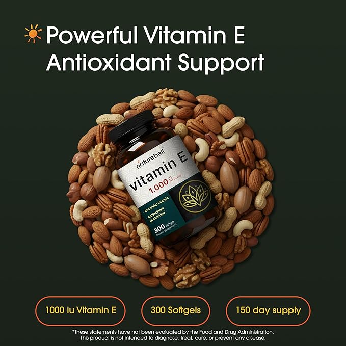 NatureBell Vitamin E 1,000 IU Per Serving - 300 Softgels - Antioxidant Supplement for Skin, Heart & Brain Health Support - High Bioavailability* - Gluten-Free & Non-GMO