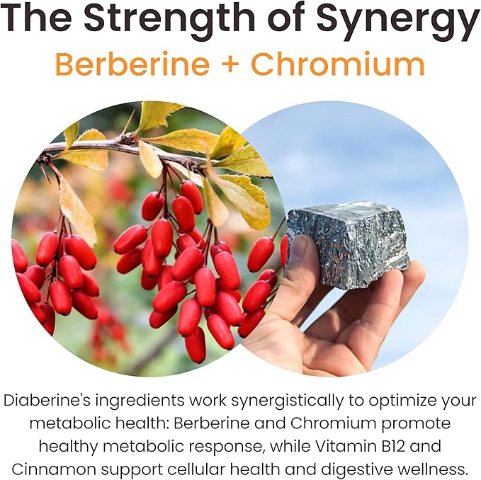 Diaberine Berberine HCL 500mg for Metabolism & Energy Boost | Supports Heart Health & Immunity | Berberine Supplement with Vitamin B12, Magnesium & Chromium | Non-GMO & Vegan, 90 Count