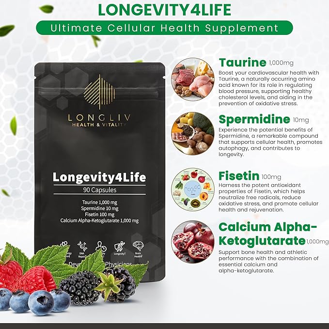 Longevity4Life - Ultimate Cellular Health Supplement - Fisetin, Taurine, Calcium Alpha-Ketoglutarate, and Spermidine Capsules for Longevity and Vitality - Made in USA - Physician Formulated