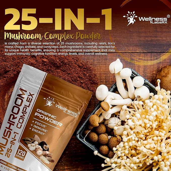 WELLNESS LABSRX Mushroom Powder, 25 in 1 Mushrooms Supplement - 2000mg, 25 Superfood Mishroom Lions Mane Powder with Chaga, Shiitake, Cordyceps, Reishi - Lion's Mane Mushroom - Pack of 2