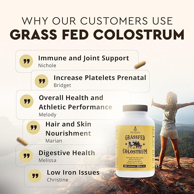 Ancestral Supplements Grass Fed Beef Colostrum Supplement, 3000 mg, Offers Immune Support and Promotes Gut Health, Athletic Performance, Healthy Iron Levels, Growth and Repair, Non GMO, 180 Capsules