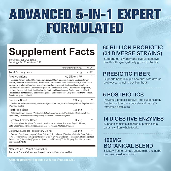 Totaria 5-in-1 Probiotic Prebiotic & Postbiotic for Women Men, 60 Billion CFU 24 Strains w/Digestive Enzymes, Prebiotic Fiber, Slippery Elm, Daily Complete Immune, Gut Health, 120 Day Supply