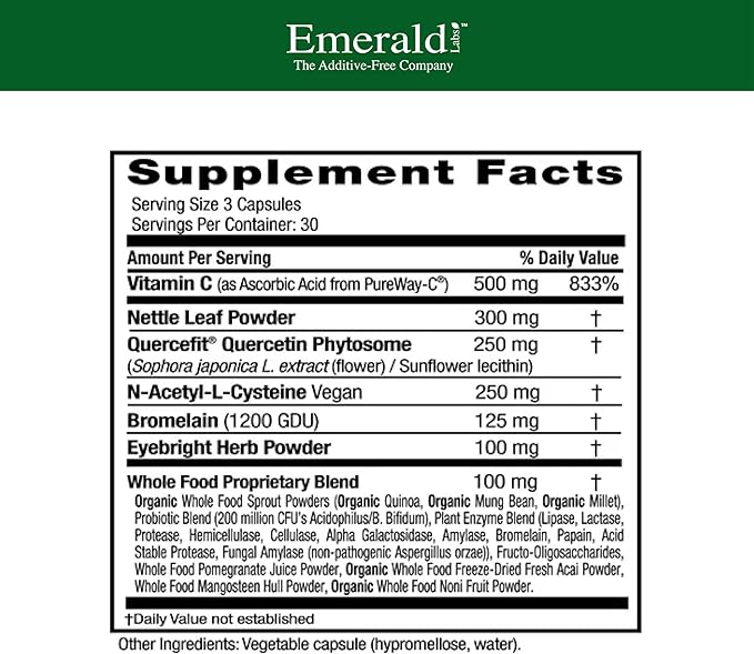 EMERALD LABS Allergy Health - Natural Allergy Support with Quercetin Phytosome, Bromelain, Vitamin C as PureWay-C & More * - Vegan & Gluten-Free - 90 Vegetable Capsules (30-Day Supply)