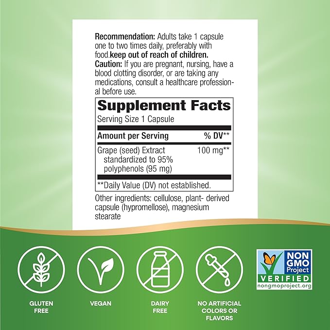 Nature's Way Grape Seed Standardized Extract, Supports Healthy Skin and Veins*, Antioxidant Support*, Non-GMO Project Verified, 60 Vegan Capsules (Packaging May Vary)
