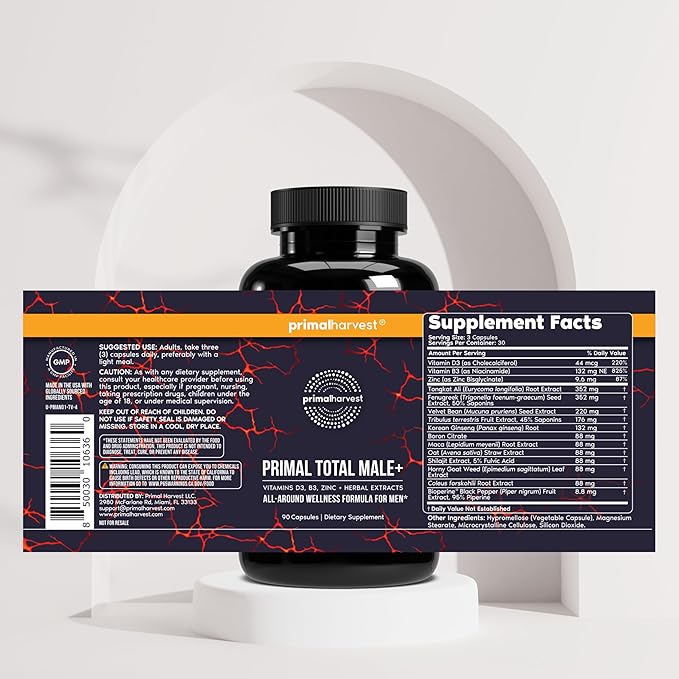 Primal Harvest Total Male+ Multivitamin for Men Vitamins, Minerals and Herbal Support for Energy, Vitality, Immune Health and Performance (1 Pack (90 Count))
